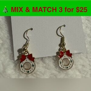 CE06 - Petite Christmas Wreath Earrings, Gold-tone, White, Red Painted Enamel